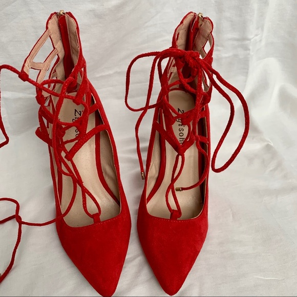 Red Lace up Heels - Picture 5 of 12